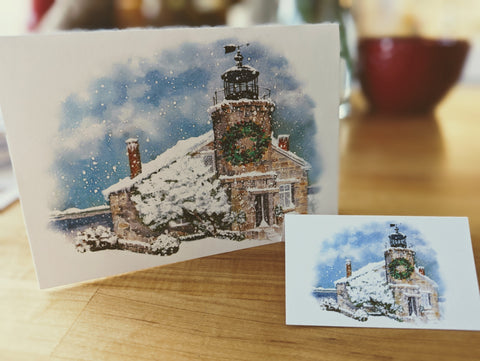 STONINGTON LIGHTHOUSE MUSEUM IN THE SNOW Framed Ornaments